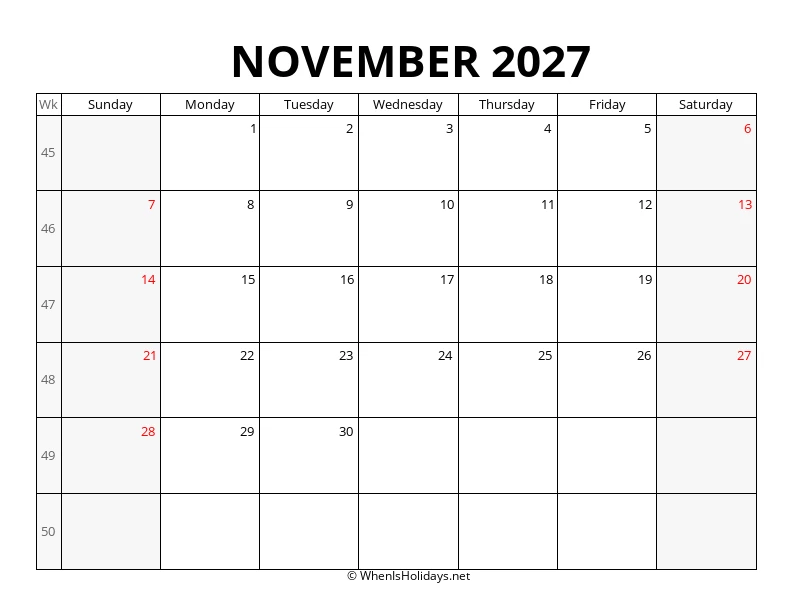 November 2027 Week Number Calendar