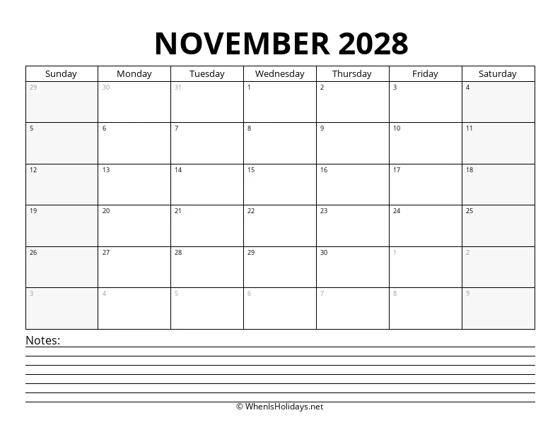 November 2028 Bottom Notes Calendar
