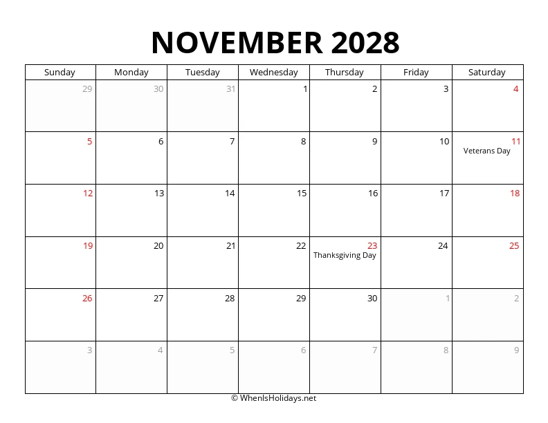 November 2028 Customizable Calendar