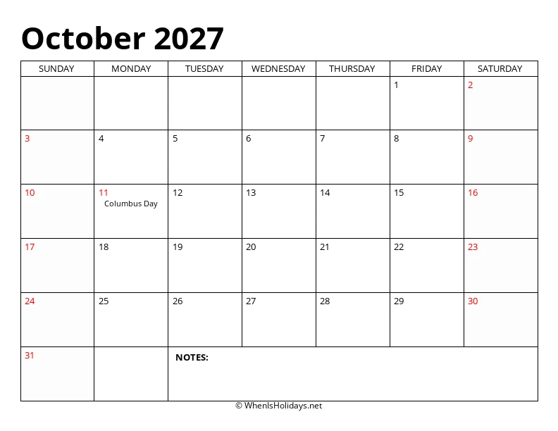 October 2027 Classic Calendar