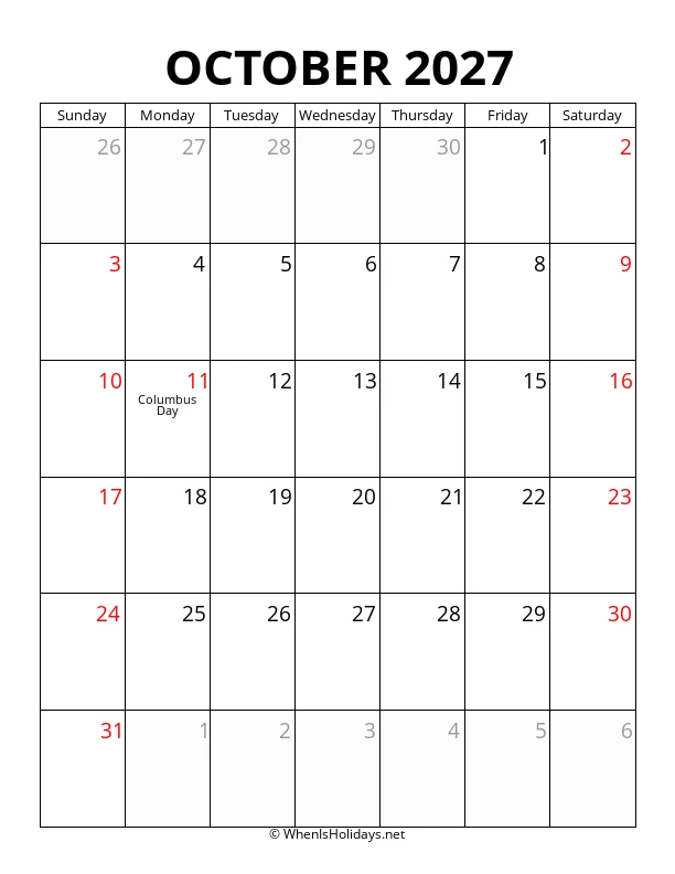 October 2027 Portrait Calendar