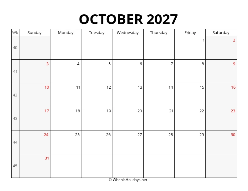 October 2027 Week Number Calendar