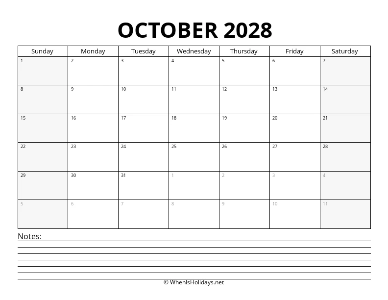 October 2028 Bottom Notes Calendar