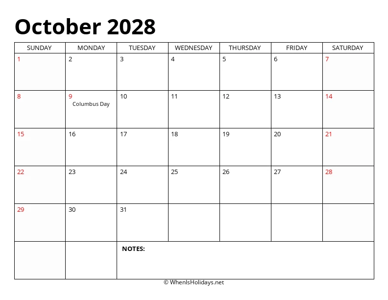 October 2028 Classic Calendar