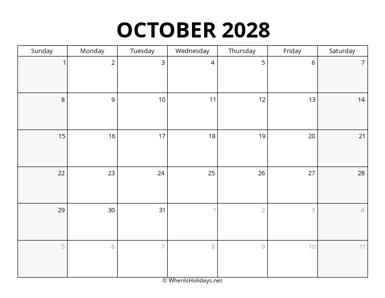 October 2028 Landscape Calendar