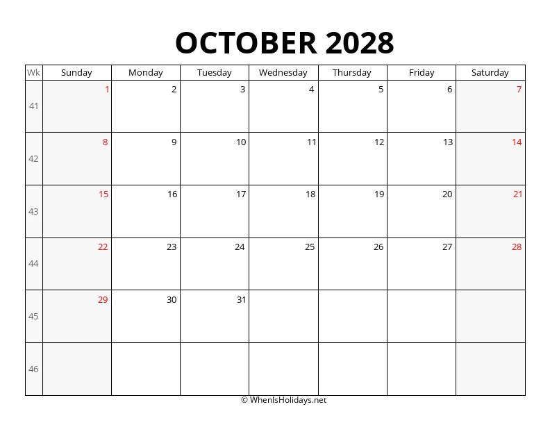 October 2028 Week Number Calendar