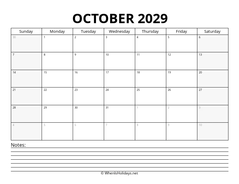 October 2029 Bottom Notes Calendar