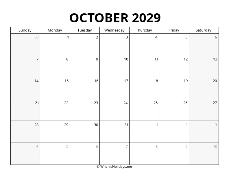 October 2029 Landscape Calendar