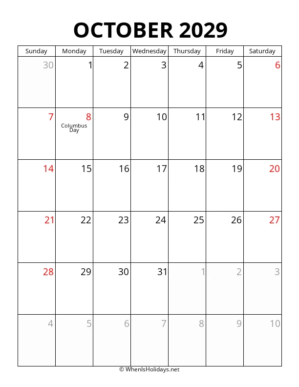 October 2029 Portrait Calendar