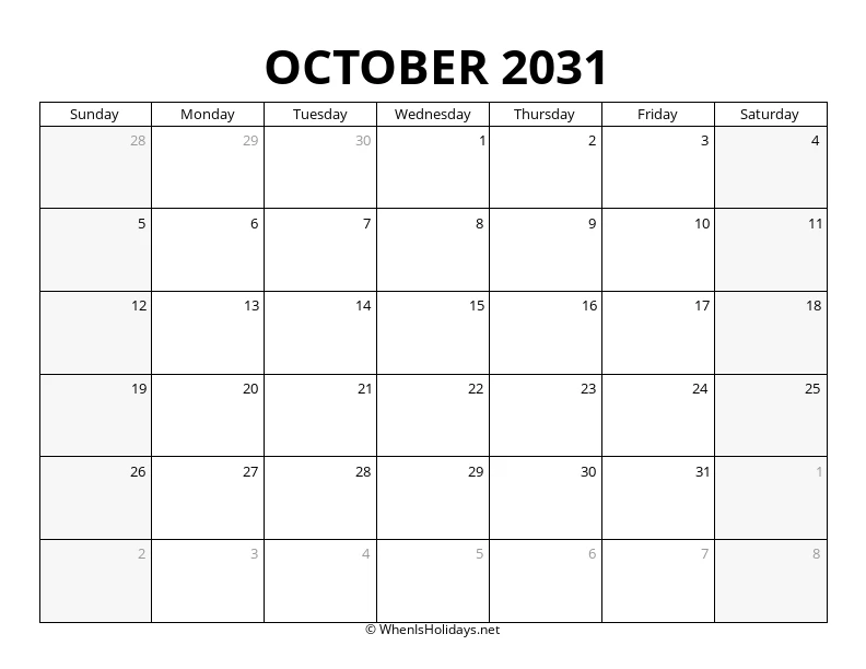 October 2031 Landscape Calendar