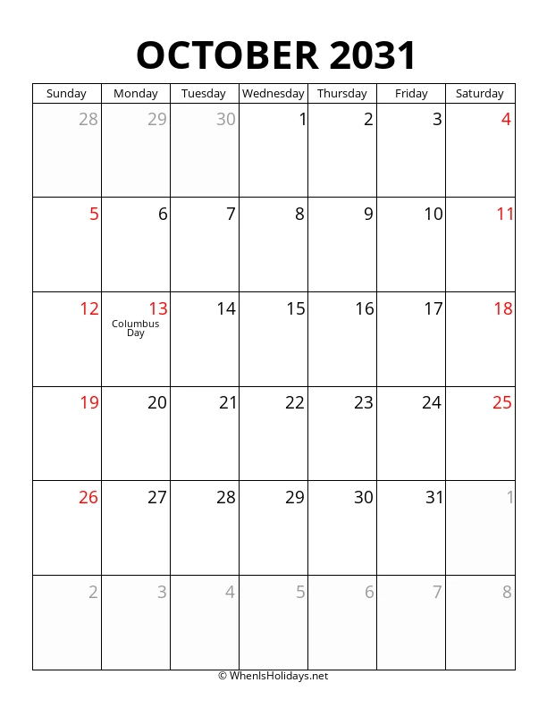 October 2031 Portrait Calendar