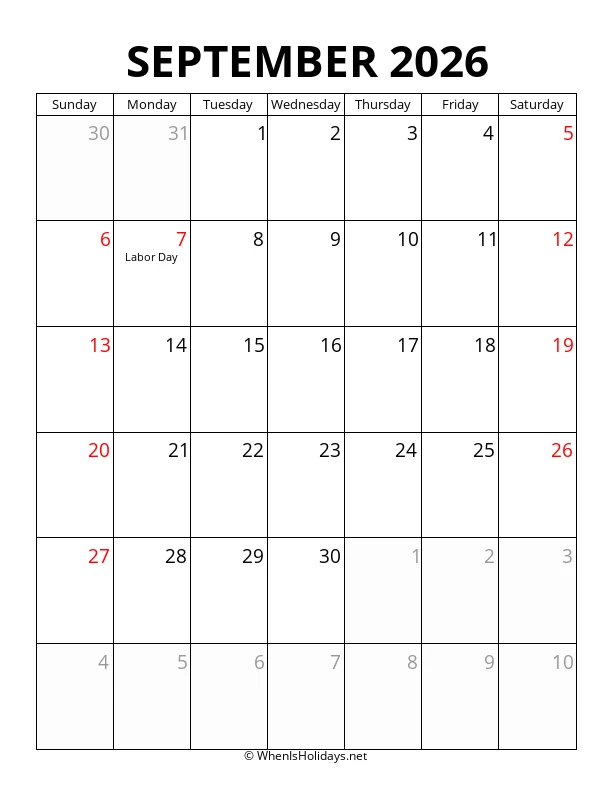 September 2026 Portrait Calendar