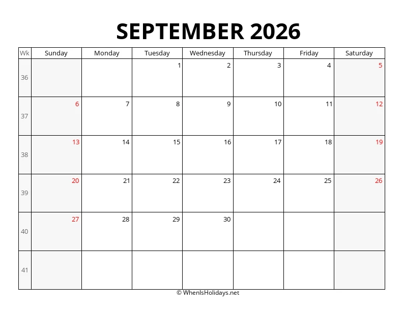 September 2026 Week Number Calendar