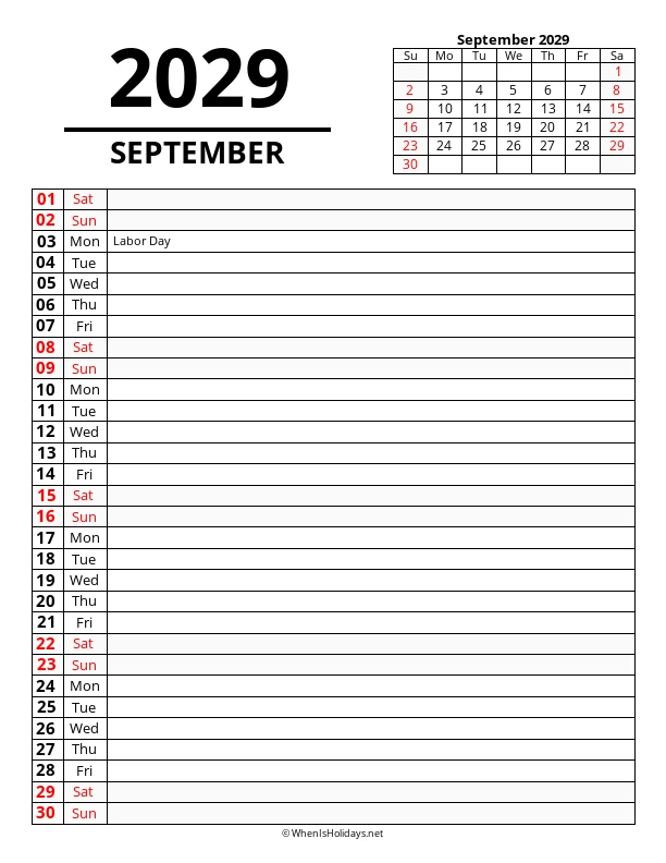 September 2029 Agenda Calendar