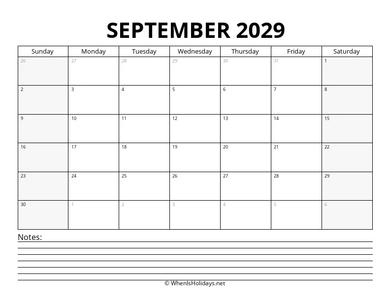 September 2029 Bottom Notes Calendar