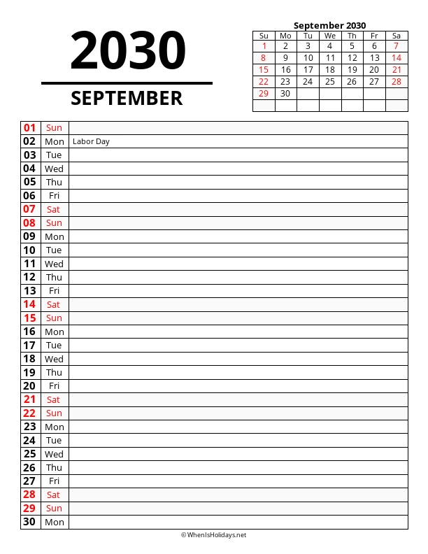 September 2030 Agenda Calendar