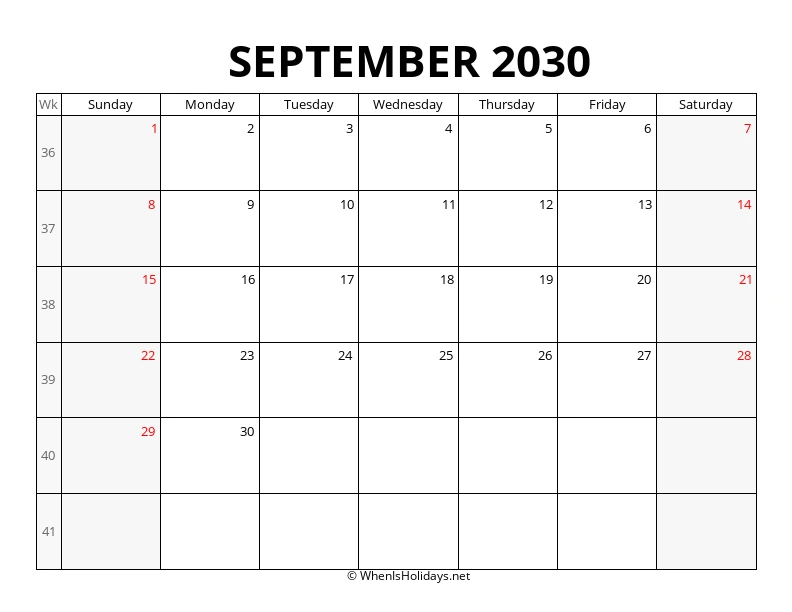 September 2030 Week Number Calendar