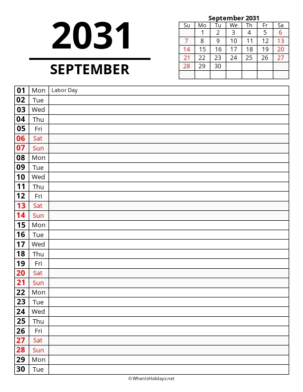 September 2031 Agenda Calendar