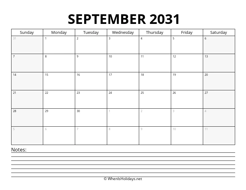 September 2031 Bottom Notes Calendar