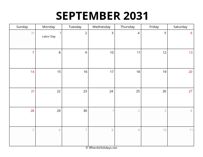 September 2031 Customizable Calendar