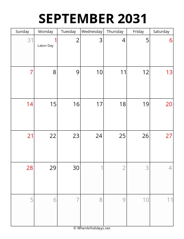 September 2031 Portrait Calendar