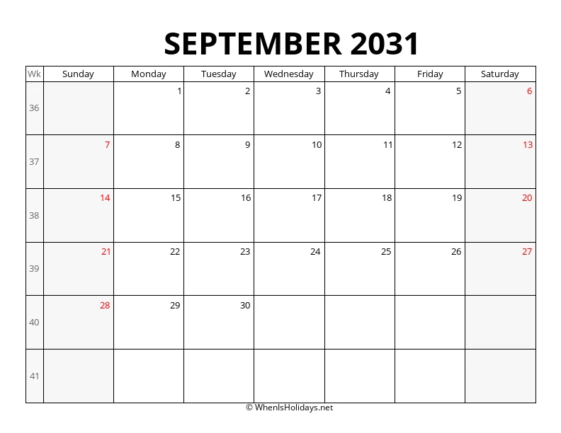 September 2031 Week Number Calendar