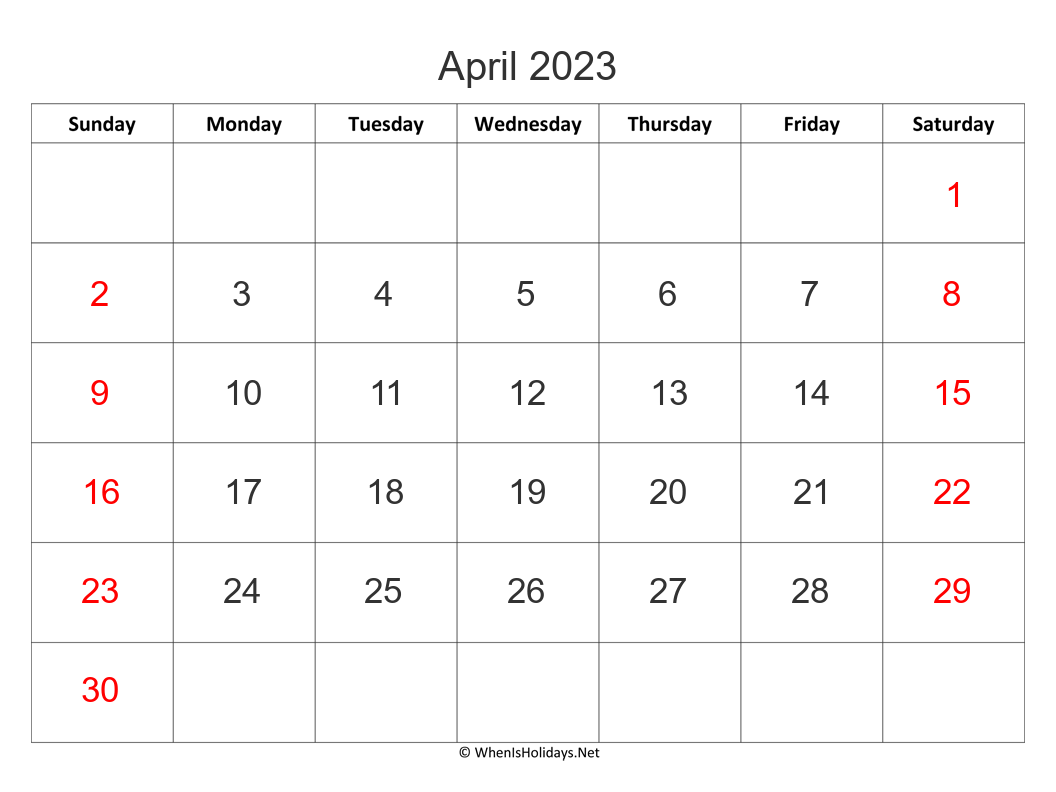 april 2023 calendar with big font size and week start on sunday