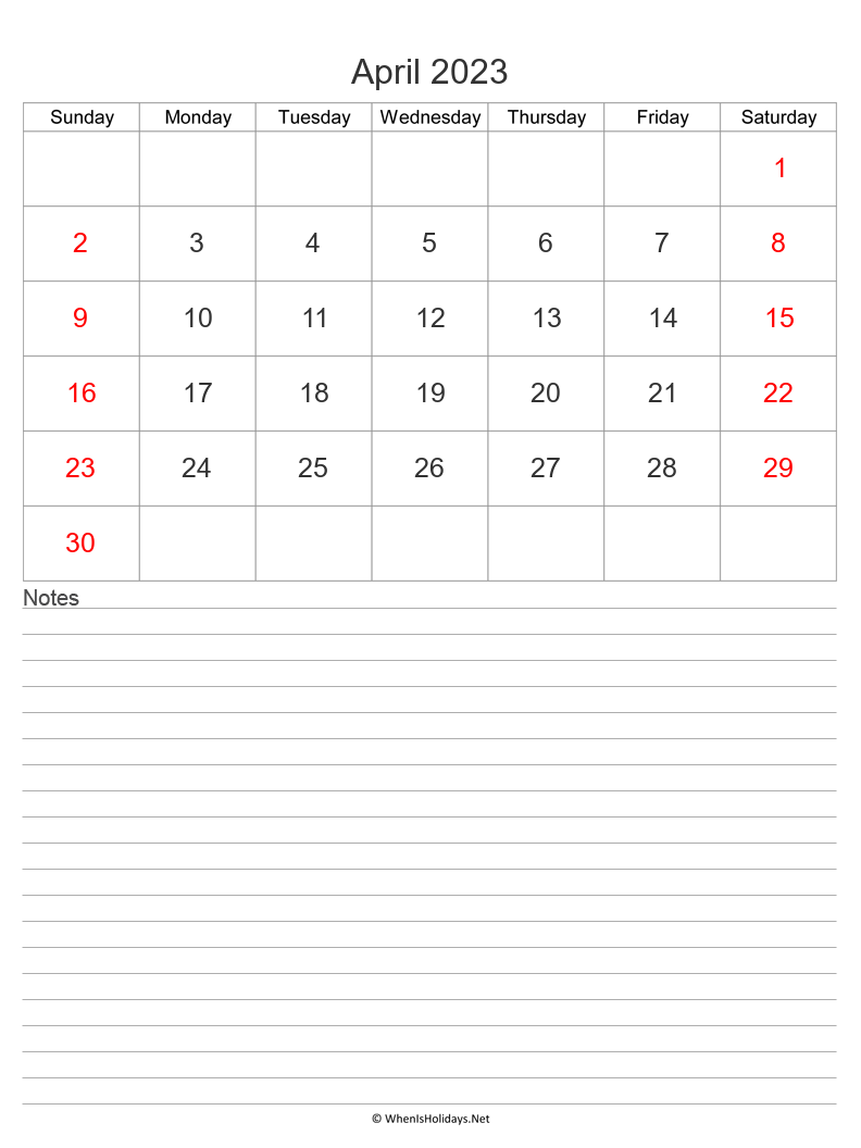 april 2023 calendar with notes at bottom and week start on sunday