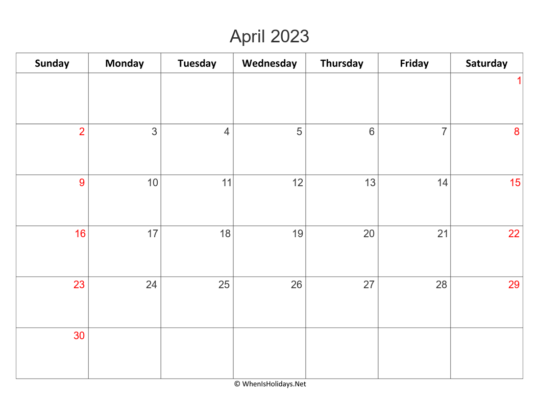 blank april 2023 calendar with week start on sunday
