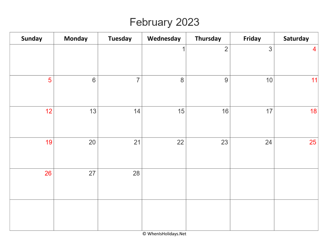 blank february 2023 calendar with week start on sunday