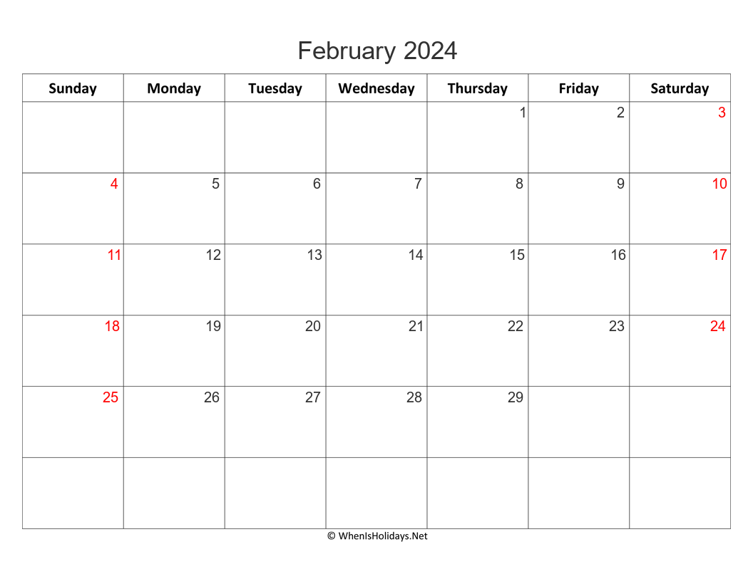blank february 2024 calendar with week start on sunday