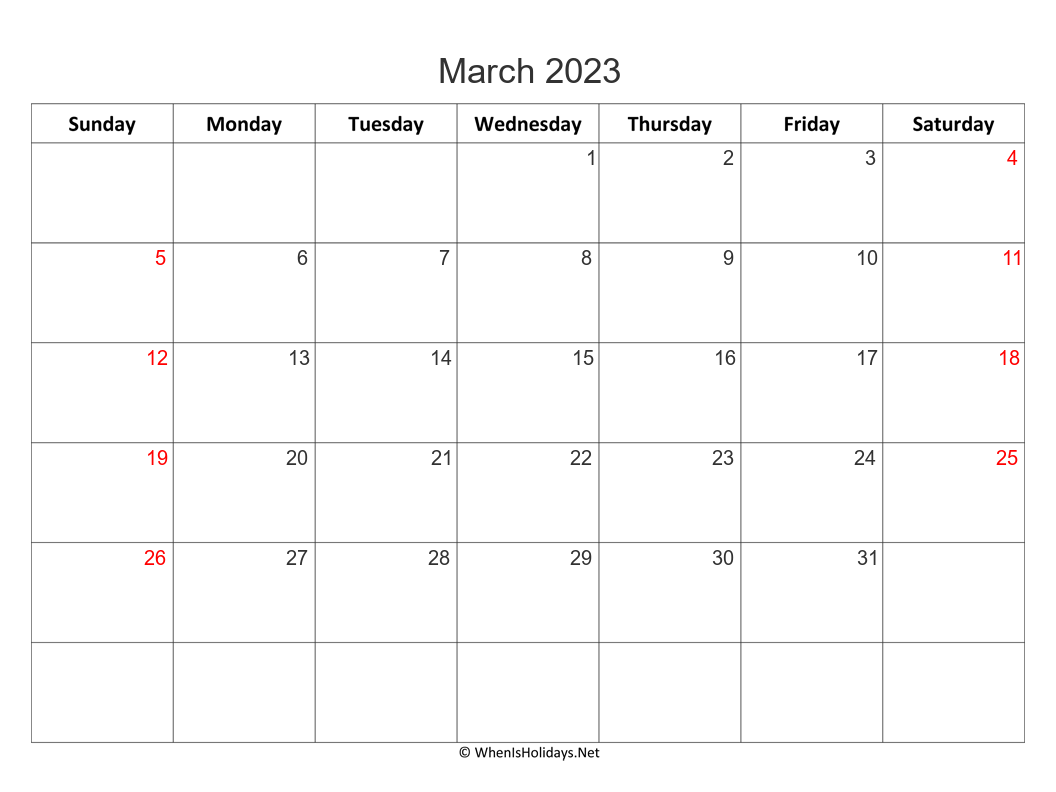blank march 2023 calendar with week start on sunday