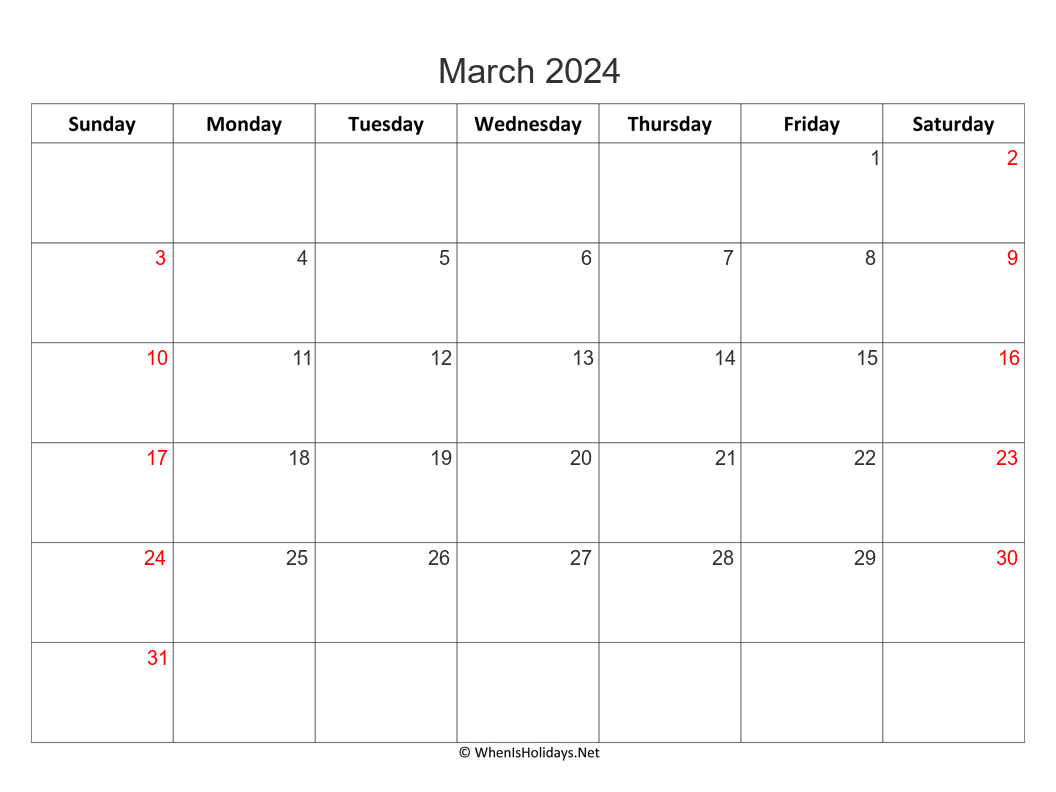 blank march 2024 calendar with week start on sunday