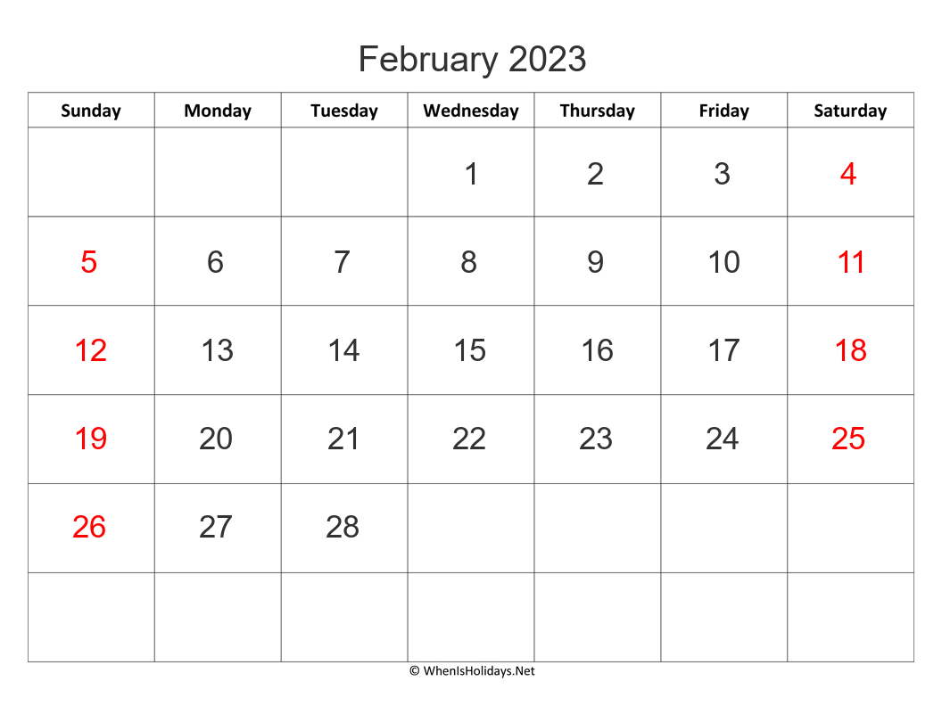 february 2023 calendar with big font size and week start on sunday