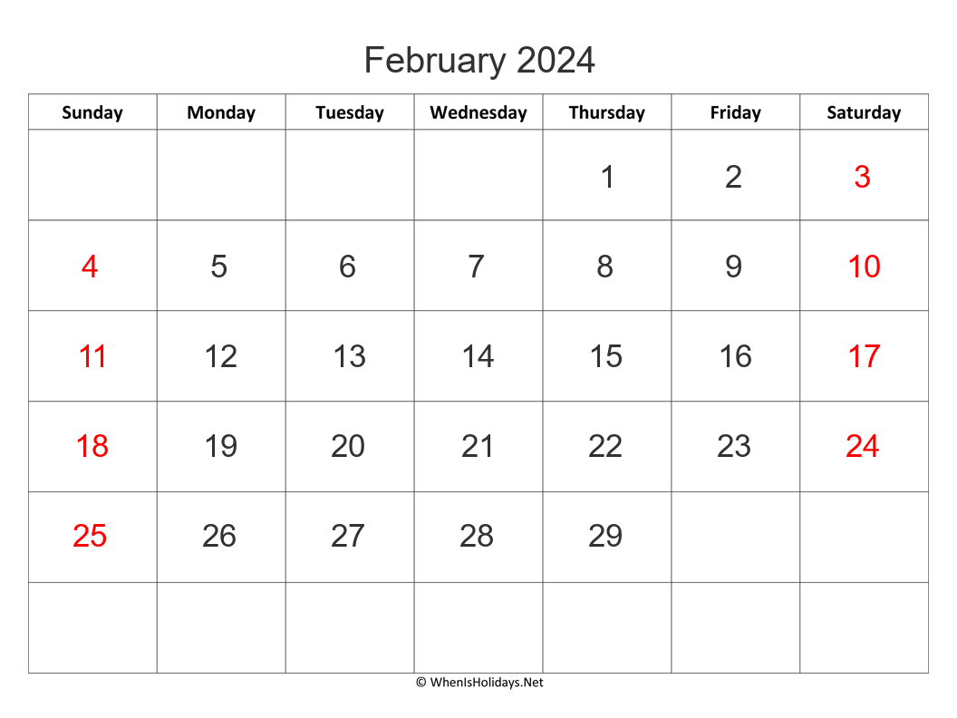 february 2024 calendar with big font size and week start on sunday