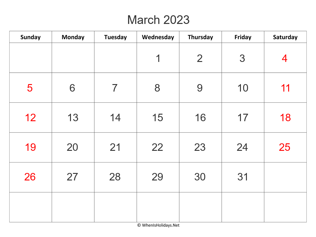 march 2023 calendar with big font size and week start on sunday