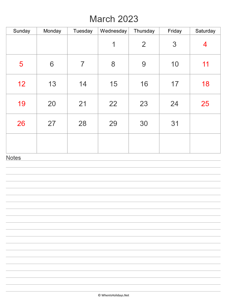 march 2023 calendar with notes at bottom and week start on sunday