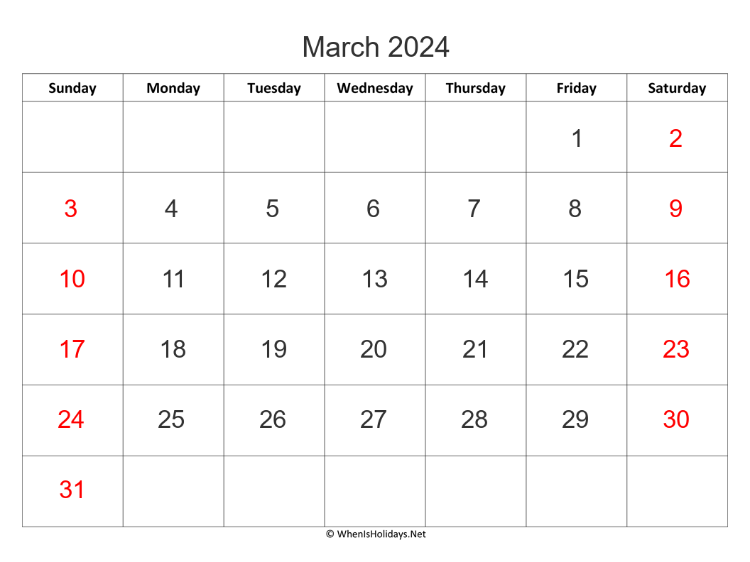 march 2024 calendar with big font size and week start on sunday