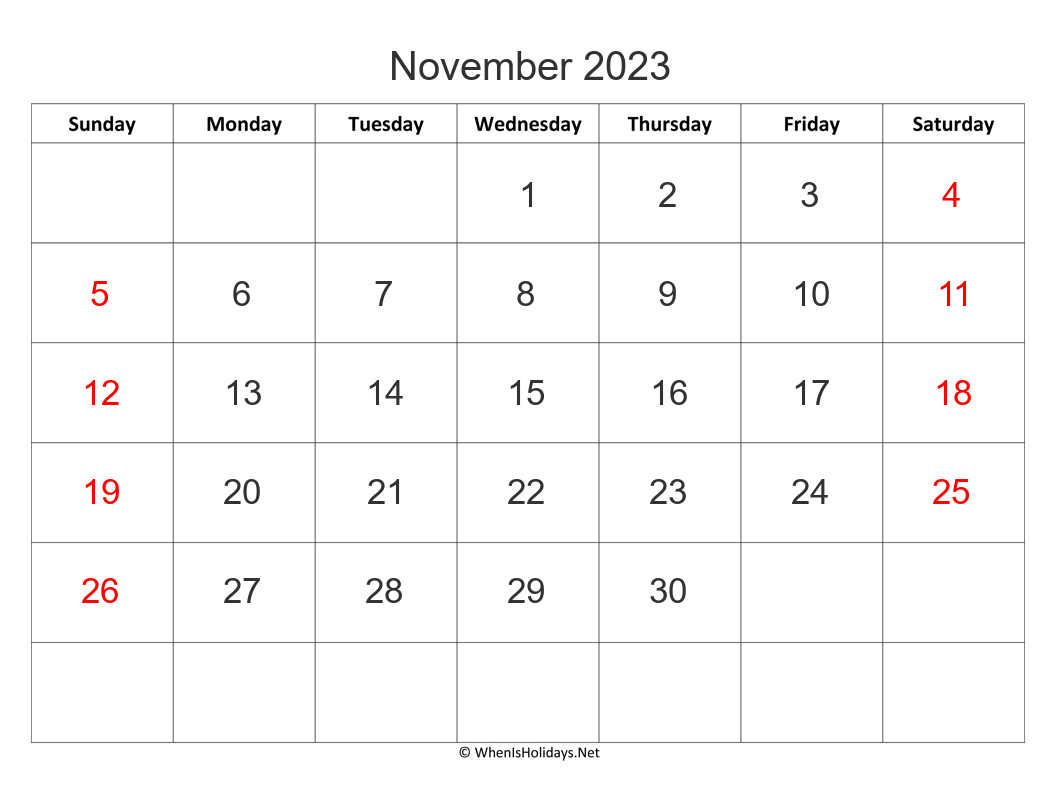 november 2024 calendar with big font size and week start on sunday