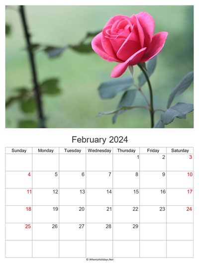 february 2024 with pink rose photo calendar