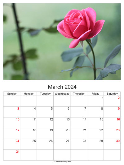 march 2024 with pink rose photo calendar