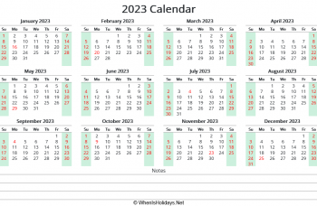 2023 calendar printable with us holidays and notes, landscape orientation