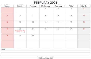2023 february calendar with us holidays and notes at bottom, horizontal orientation