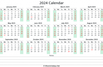 2024 calendar printable with us holidays and notes, landscape orientation