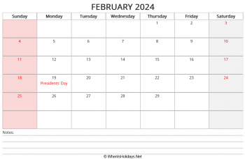 2024 february calendar with us holidays and notes at bottom, horizontal orientation