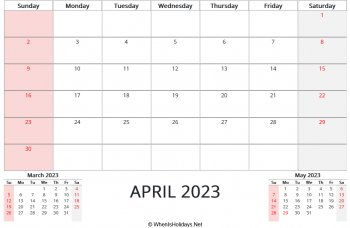 april 2023 calendar printable with us holidays and two mini calendars at bottom, horizontal layout
