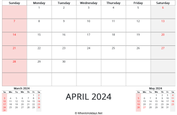 april 2024 calendar printable with us holidays and two mini calendars at bottom, horizontal layout