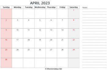 calendar april 2023 with us holidays and right notes, landscape orientation