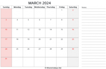 calendar march 2024 with us holidays and right notes, landscape orientation