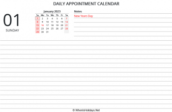daily appointment calendar january 2023 with us holidays, horizontal layout